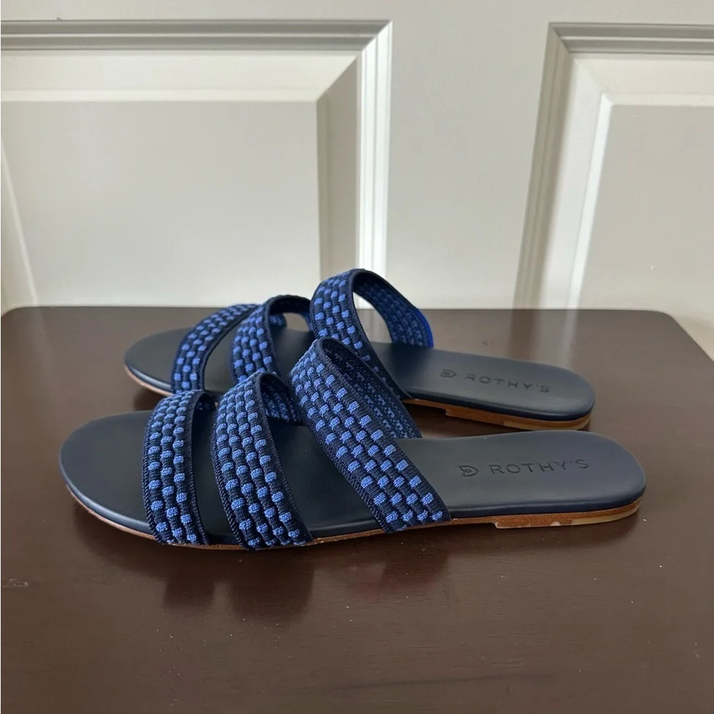 Rothy's Navy Blue Cobalt Checkered Triple Band Slide Slip-On Strappy Sandals 9